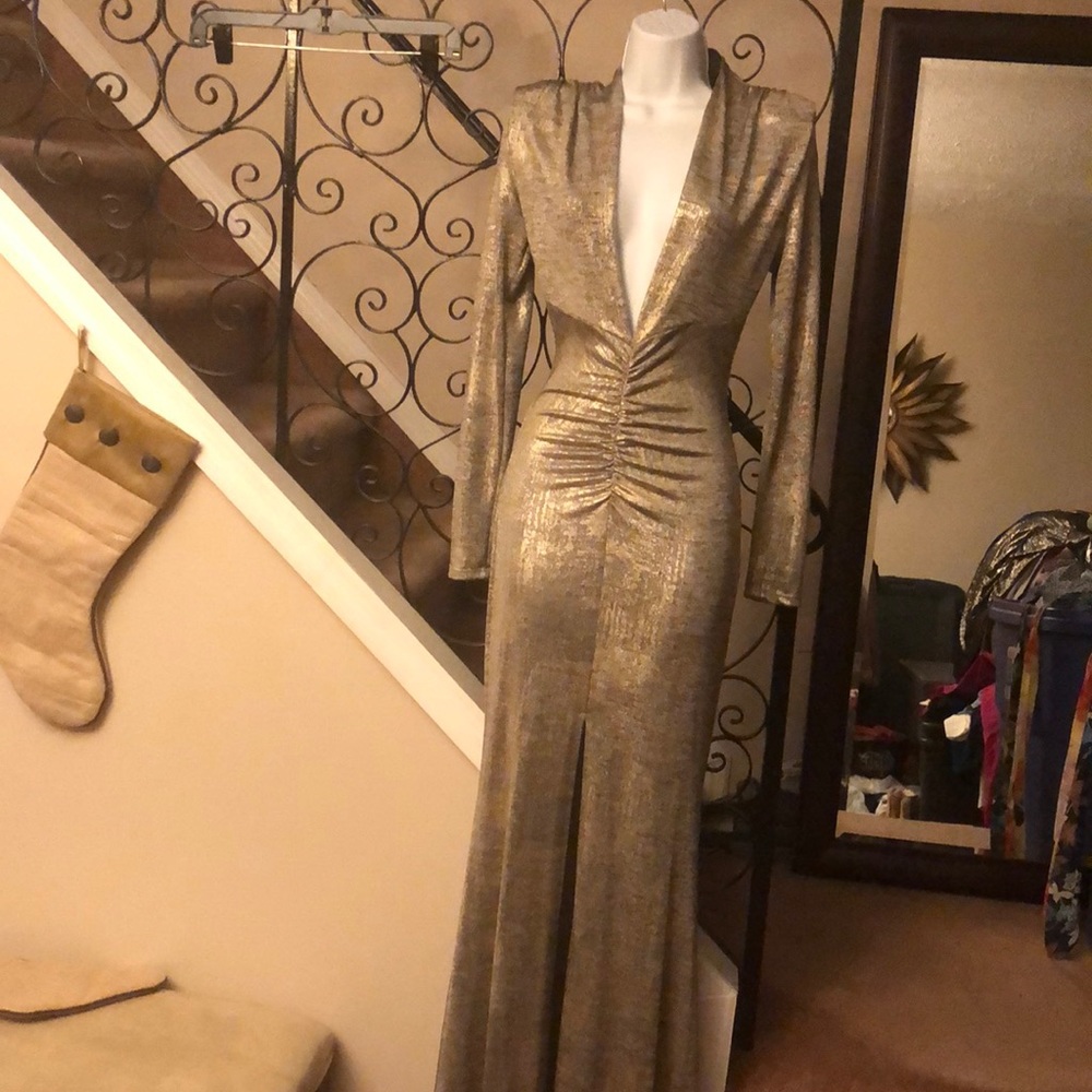 Gold deep plunge dress / never worn/ front split